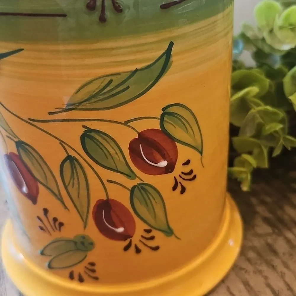Hand-Painted Yellow Ceramic Utensil Holder with Olive Motif NWOT